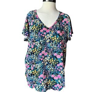 Heritage by Torrid Shirt Womens 3X Black Floral V Neck Slub Jersey Short Sleeve